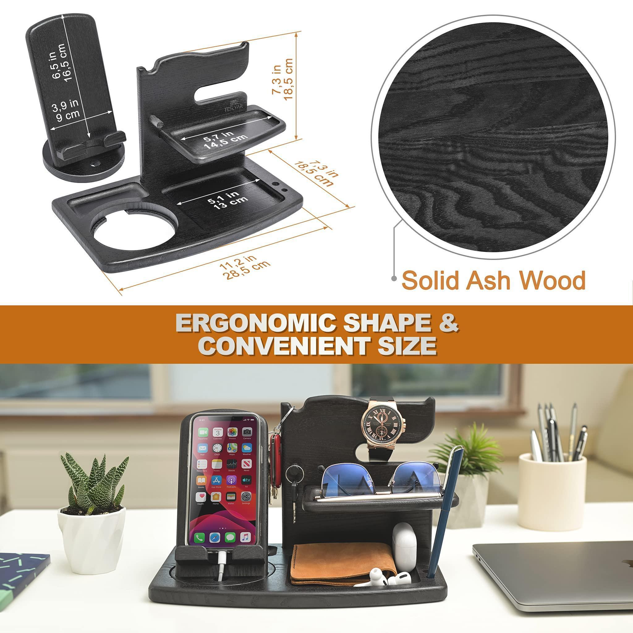 Ash Wood Phone Docking Station – Desk Organizer for Phone, Watch, Wallet & Keys