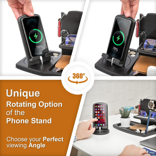 Ash Wood Phone Docking Station – Desk Organizer for Phone, Watch, Wallet & Keys