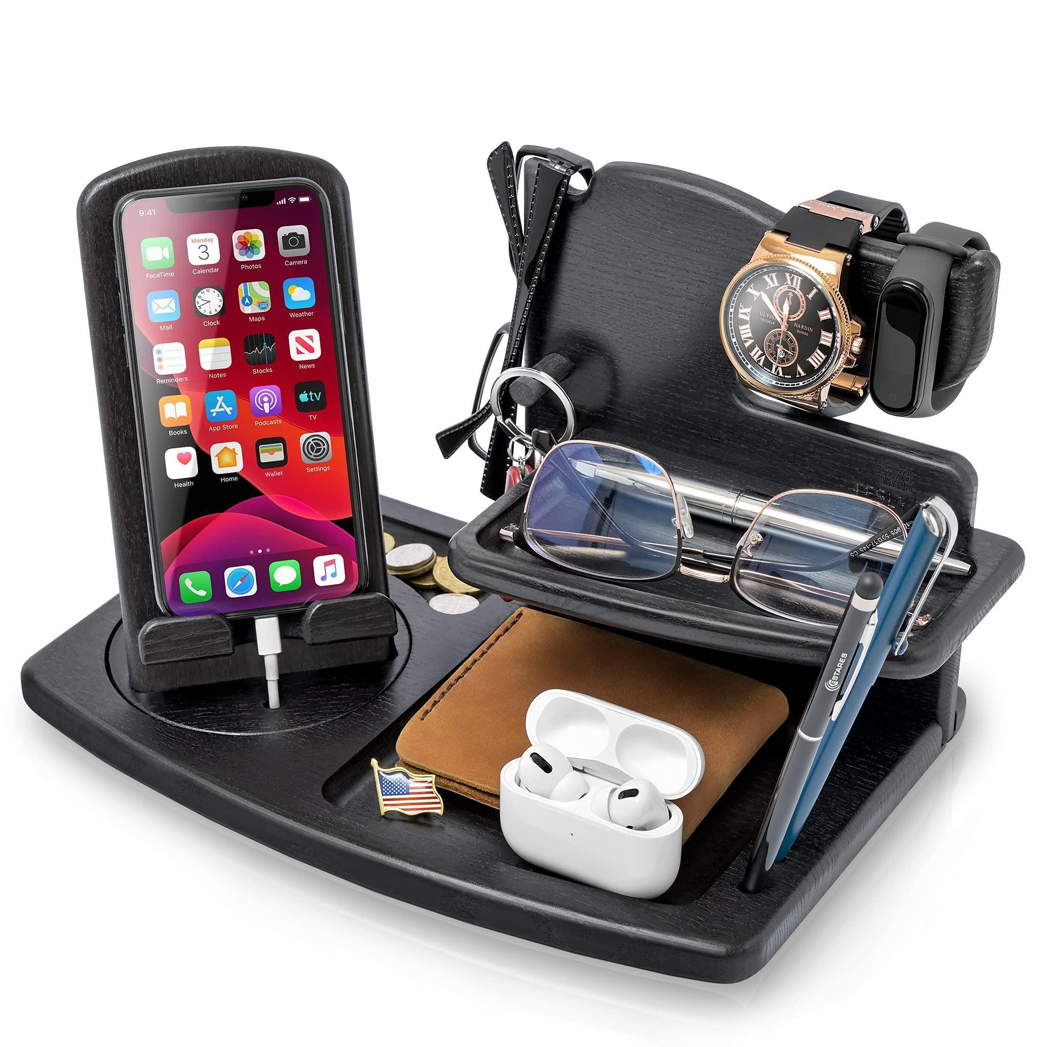 Ash Wood Phone Docking Station – Desk Organizer for Phone, Watch, Wallet & Keys